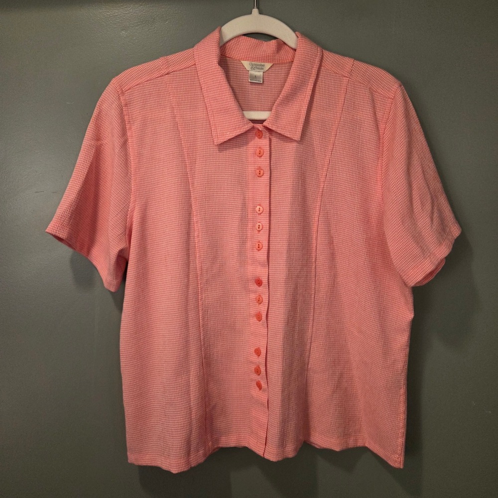 Christopher & Banks Women's Gingham Short Sleeve Button Up Size L Pink White